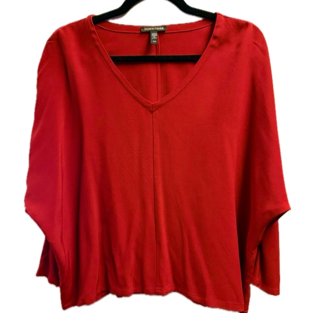 Eileen Fisher Dolman 3/4 Sleeve Red V-Neck Shirt